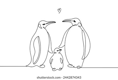 Dos pingüinos adultos protegen a su polluelo. Familia de pingüinos. Lindos pájaros. Día Mundial del Pingüino. Línea aislada sobre fondo blanco.