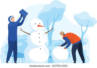 Two adults dressed warmly building snowman snowy forest, one holding hat. Snowcovered trees create serene winter background. One person seems be sculpting snowball base. Winter activity friendly