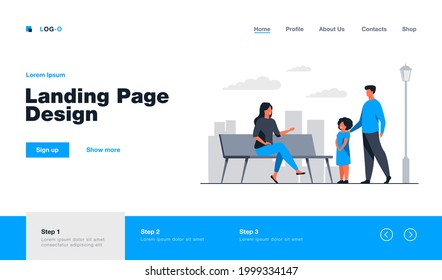 Two adults talking with girl in city park. Bench, kid, weekend flat vector illustration. Leisure and nature concept for banner, website design or landing web page