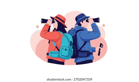 Two adventurous explorers, a man and a woman, stand back-to-back, scanning the horizon with binoculars, ready for discovery.