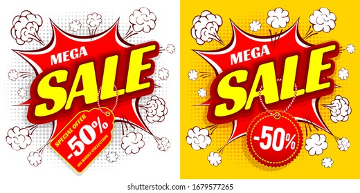 Two Advertisement banners with speech bubble about mega sale. Expressive lettering and labels with percent of discount on halftone background. Pop art comic style. Vector cartoon illustration.