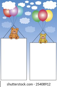 two advertising banners are hanging on balloons in the blue sky with white clouds. Two teddies are sitting on the banners