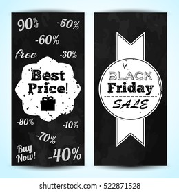 Two advertising vertical banners with black friday sale badges and percentage in chalkboard style flat vector illustration
