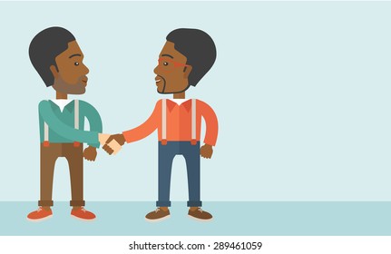 Two Afircan-american guys standing facing each other handshaking for the successful business deal. Business partnership concept. A Contemporary style with pastel palette, soft blue tinted background