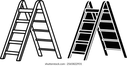 Two Aframe ladders depicted one outlined, one solid black. Both feature six steps, ideal for climbing or pool access. Simple, graphic illustration of climbing equipment.