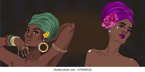 Two african american black beauty women portraits with floral decorations. Vector