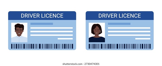 Dos Plantillas afroamericanas de Licencia de conductores negros con retratos masculinos y femeninos, código de barras y detalles personales, diseñadas para conceptos de Identificación y documentación, aisladas en blanco