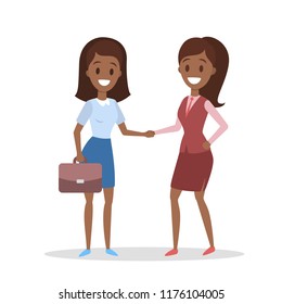 Two african american business women shaking hands on a deal. Handshake as a symbol of agreement. Isolated flat vector illustration
