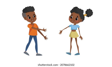 Two African American children meet to each other. School boy going to shake the hand his new friend. Boy and girl friends have fun. Vector illustration isolated on white.