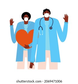 Two African American doctors man and woman. Cardiologist and therapist. Medical assistance, consultation. Vector illustration in flat style