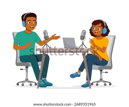 Two African American friends are broadcasting online podcast with happy and fun expression