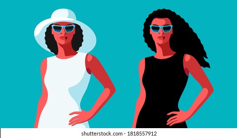 Two African American girls, with long curly hair, in white and black dress, hat and sunglasses. Vector illustration