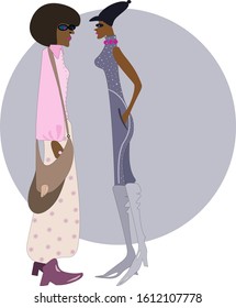 Two African American girls in modern clothes are standing and talking. The meeting of girlfriends.