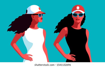Two african american girls, side and front views, with long curly hair, in baseball caps and sunglasses. Vector illustration