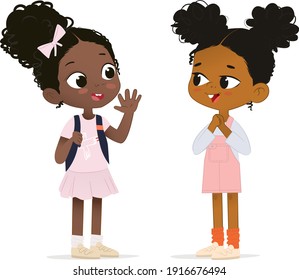 Two African American girls talk to each other. School girl hello to her new friend. Girls School friends have fun.