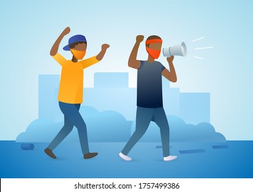 Two African American men go one by one. Tolerance and no racism concept. Black lives matter. Protest concept about human right of black people. Vector flat illustration concept on blue background.