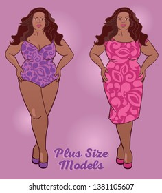 Two african american plus size ladies in cocktail dresses and swimsuit, vector illustration