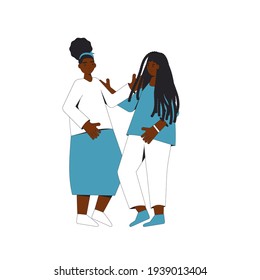 Two african american teenagers standing together isolated on white background. Young female friends wearing in casual clothes. Two girls standing. Vector color line illustration. 