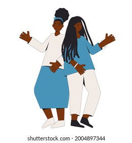 Two african american teenagers standing together isolated on white background. Young female friends wearing in casual clothes. Two girls standing back to back. Vector color line illustration. 