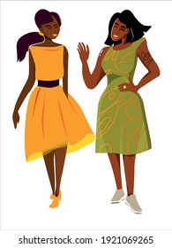 Two African American women girlfriends are walking, chatting and having fun. Yellow and green cocktail dresses. Vector illustration.