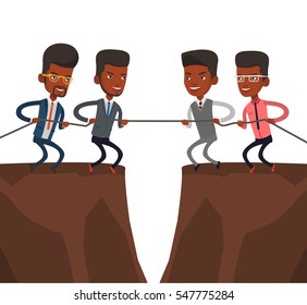 Dos equipos de negocios africanos tirando de una cuerda al precipicio. Competencia entre dos equipos de empresarios. Concepto de competencia en los negocios. Ilustración de diseño plana vectorial aislada en fondo blanco.
