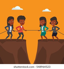 Dos equipos de negocios africanos tirando de una cuerda al precipicio. Competencia entre dos equipos de empresarios. Concepto de trabajo en equipo y competencia en los negocios. Ilustración de diseño plana vectorial. Diseño cuadrado.