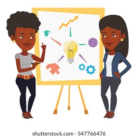 Two african businesswomen discussing a project. Group of businesswomen working on project. Businesswoman drawing business project on board. Vector flat design illustration isolated on white background