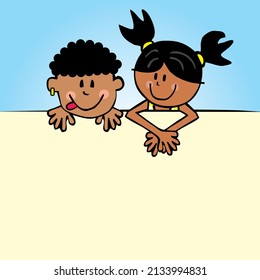 Two african children, girl and boy, blank banner,  conceptual vector illustration on blue background