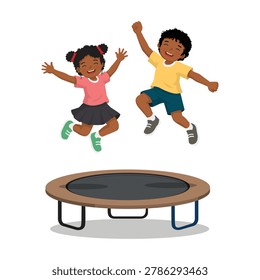 Two African children jumping on a trampoline having fun playing outdoor sport activity
