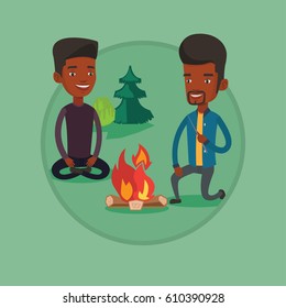 Two african friends sitting around campfire. Group of young friends having fun near campfire. Tourists relaxing near campfire. Vector flat design illustration in the circle isolated on background.