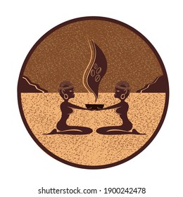 Two African girls hold a cup of strong aromatic coffee in their hands. Logo. Vector illustration.