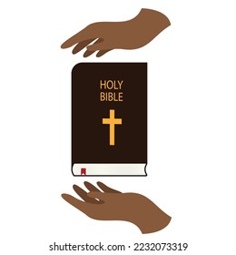 Two African hands protect holy bible. Vector illustration.