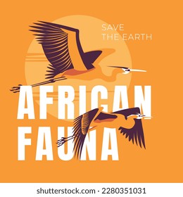 Dos garzas africanas están volando sobre un fondo naranja. Afiche de la fauna africana. Preservación de la ecología natural. Ilustración plana del vector