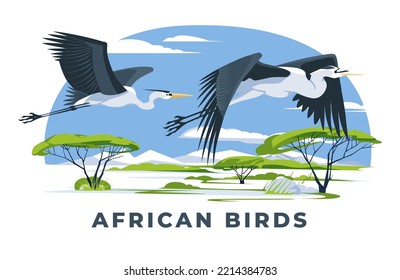 Two African herons flying over the savannah landscape. African wildlife. Exotic birds. Vector flat illustration