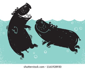 Two African hippos wallowing in a river pool drawn in a rough stamped style. Vector illustration. 