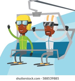 Two african men sitting on ski elevator. Skiers using cableway at ski resort. Skiers using cableway in mountains at winter sport resort. Vector flat design illustration isolated on white background.