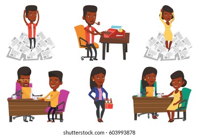 Two african women during business meeting. Businesswomen talking on business meeting. Women drinking coffee on business meeting. Set of vector flat design illustrations isolated on white background.