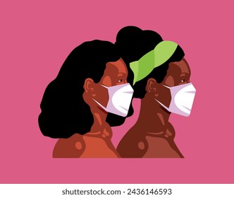 Dos mujeres africanas usan mascarillas médicas. Prevenir la propagación del virus. Ilustración en estilo plano para infografías, diseño web, póster, publicidad. EPS10
