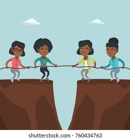 Two african-american business team pulling rope on cliff. Competition between two teams of business people. Concept of team work and competition in business. Vector cartoon illustration. Square layout