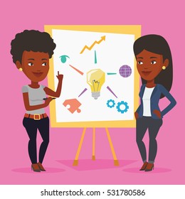 Two african-american business women discussing a project. Group of business women working on project. Woman drawing business project on a board. Vector flat design illustration. Square layout