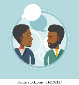 Two african-american businessmen discussing business plan on a background with cogwheels. Business discussion and teamwork concept. Vector flat design illustration in the circle isolated on background