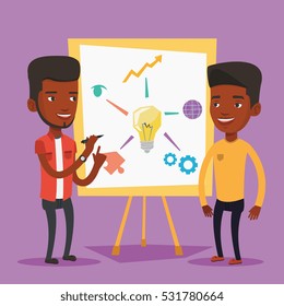 Two african-american businessmen discussing a project. Group of young businessmen working on project. Businessman drawing business project on a board. Vector flat design illustration. Square layout.