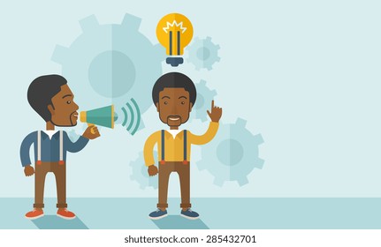 A two african-american guys with megaphone and bulb that shows of having a business plan together. Teamwork concept. A contemporary style with pastel palette soft blue tinted background. Vector flat