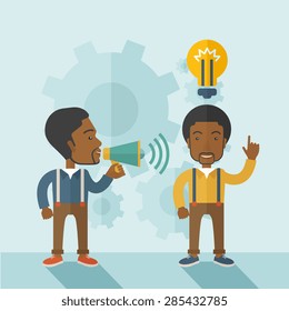 A two african-american guys with megaphone and bulb that shows of having a business plan together. Teamwork concept. A contemporary style with pastel palette soft blue tinted background. Vector flat