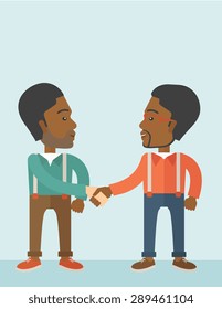 Two African-american guys standing facing each other handshaking for the successful business deal. Business partnership concept. A Contemporary style with pastel palette, soft blue tinted background