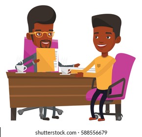 Two african-american men during business meeting. Businessmen talking on business meeting. Businessmen drinking coffee on business meeting. Vector flat design illustration isolated on white background