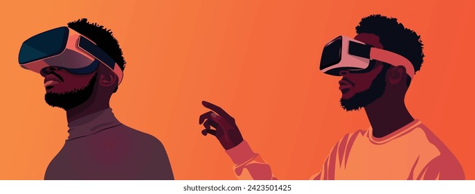 Two African-American men wearing virtual reality glasses. VR technology