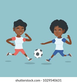 Two african-american sportswomen playing football. Young football players fighting over the control of a ball. Sport and leisure concept. Vector cartoon illustration. Square layout.