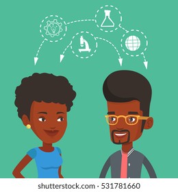 Dos estudiantes afroamericanos compartiendo sus ideas durante una lluvia de ideas. Jóvenes estudiantes felices con lluvia de ideas. Concepto de lluvia de ideas en la educación. Ilustración de diseño plana vectorial. Diseño cuadrado.