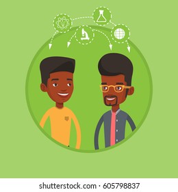 Two african-american students sharing with the ideas. Young smiling students brainstorming. Concept of brainstorming in education. Vector flat design illustration in the circle isolated on background.